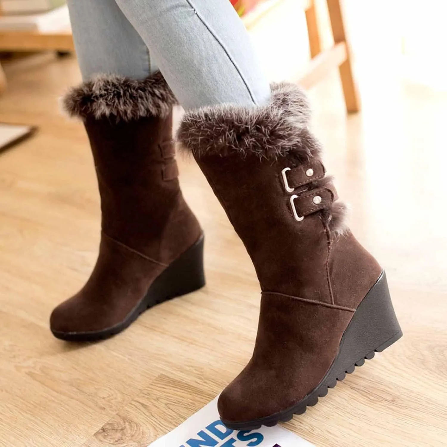 Ankle Boots For Women Comfortable Velvet Wedge Boots Round Toe Suede Lug Sole Thigh High Boots Mid-Calf Boots