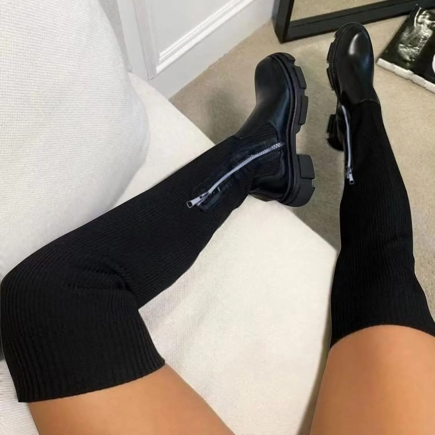 Ankle Boots For Women Lug Sole Thigh High Boots Stretch Platform Knee High Boots Over Knee Tall Long Bootie