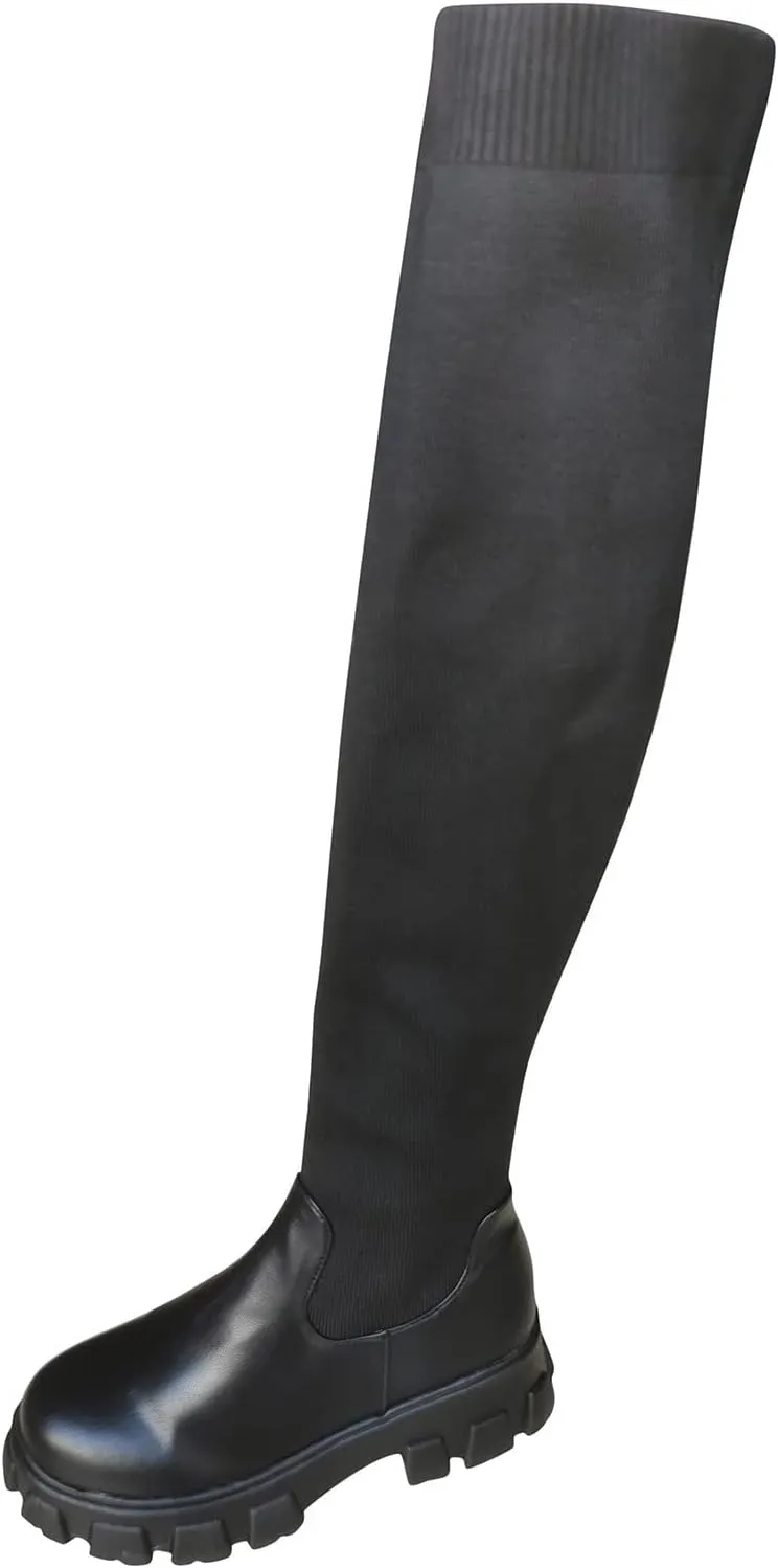 Ankle Boots For Women Lug Sole Thigh High Boots Stretch Platform Knee High Boots Over Knee Tall Long Bootie