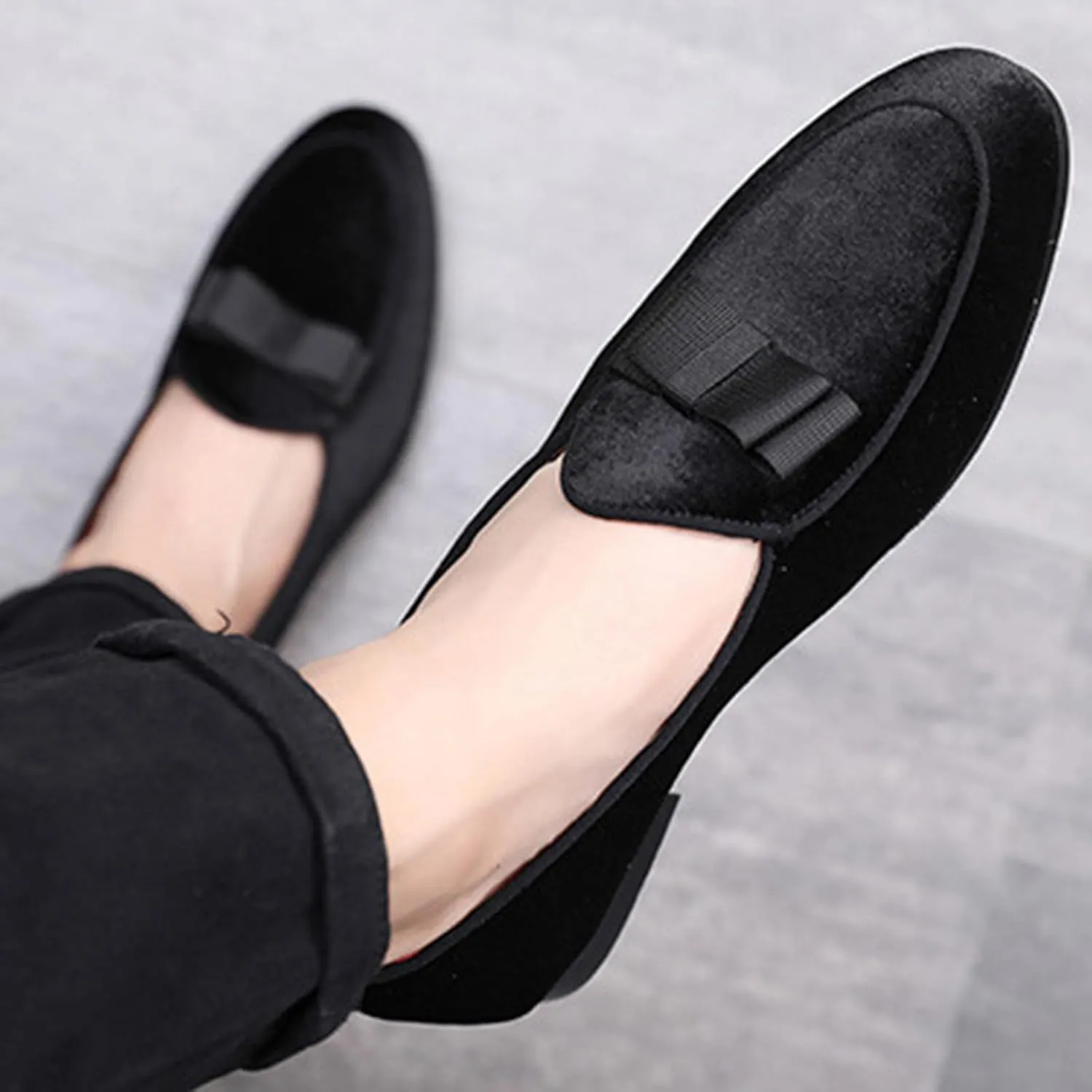 ByErz Mens Loafers Casual Slip on Formal Dress Shoes Banquet with Bowtie Penny Flats Smoking Slippers