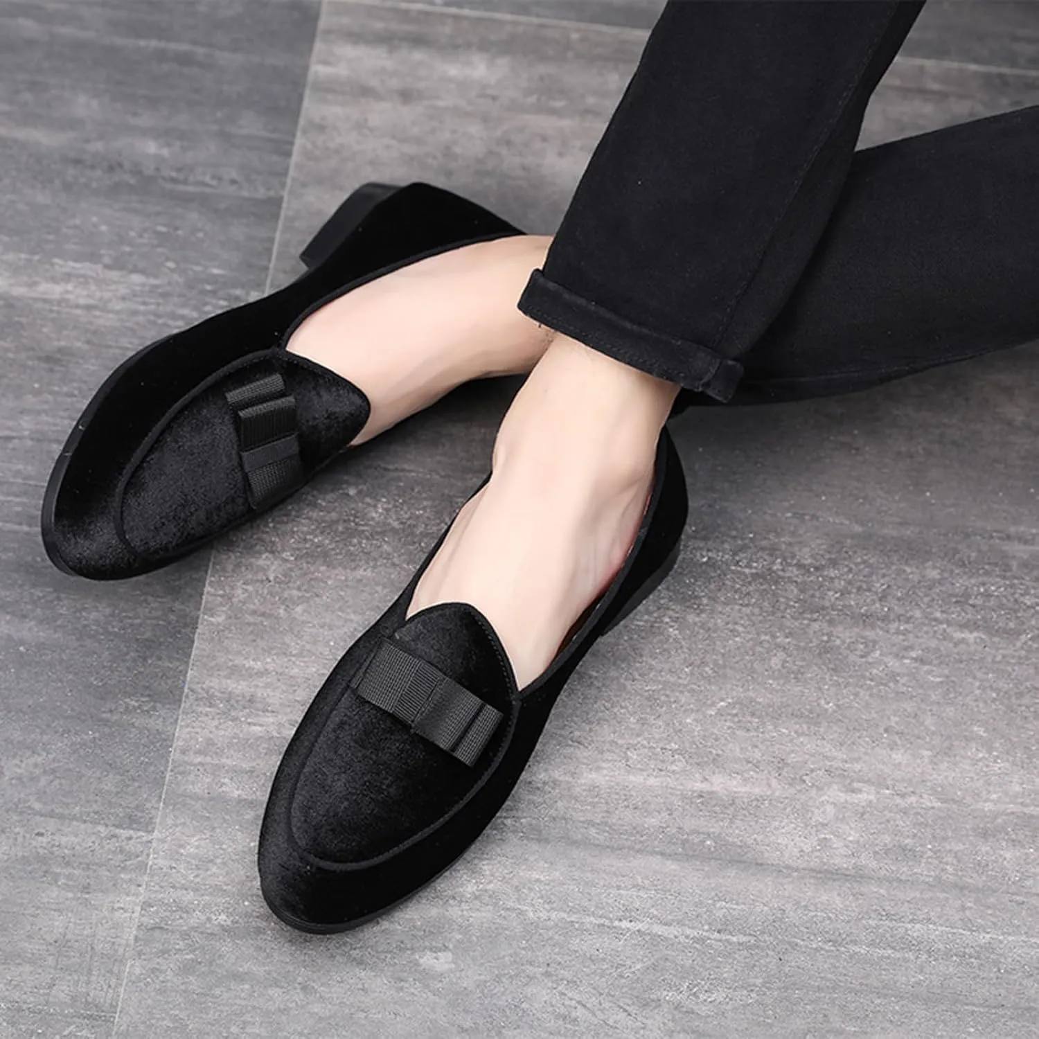 ByErz Mens Loafers Casual Slip on Formal Dress Shoes Banquet with Bowtie Penny Flats Smoking Slippers
