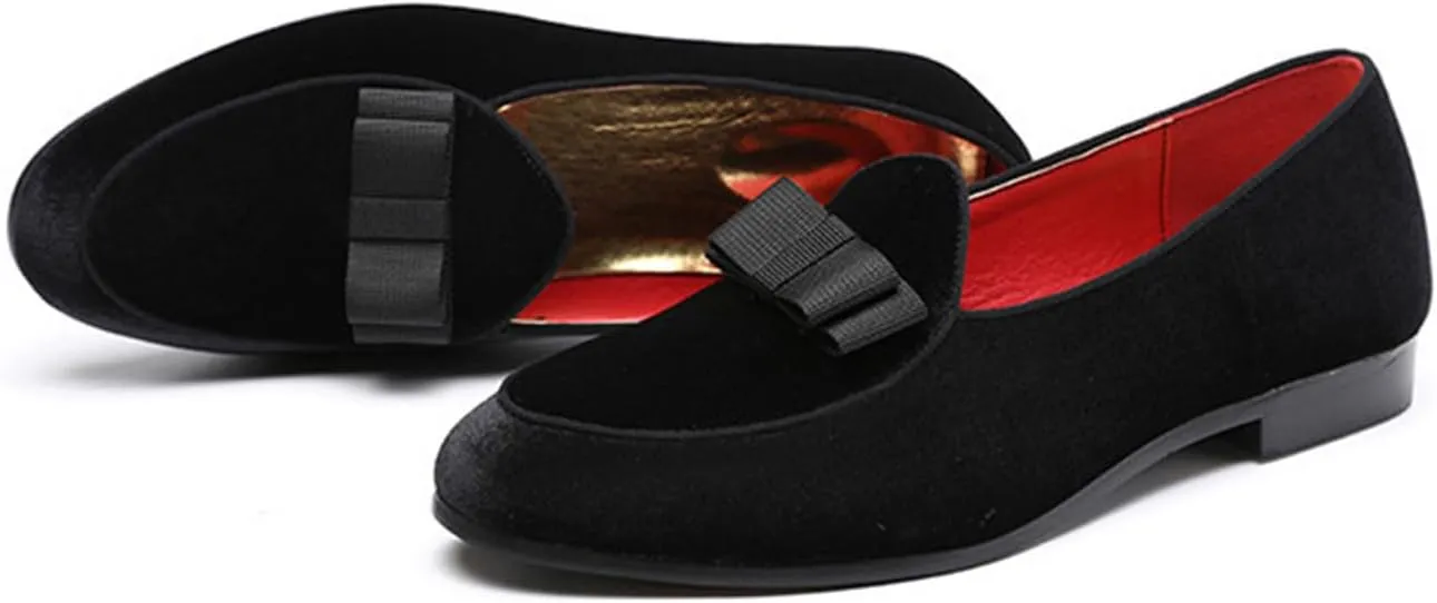 ByErz Mens Loafers Casual Slip on Formal Dress Shoes Banquet with Bowtie Penny Flats Smoking Slippers