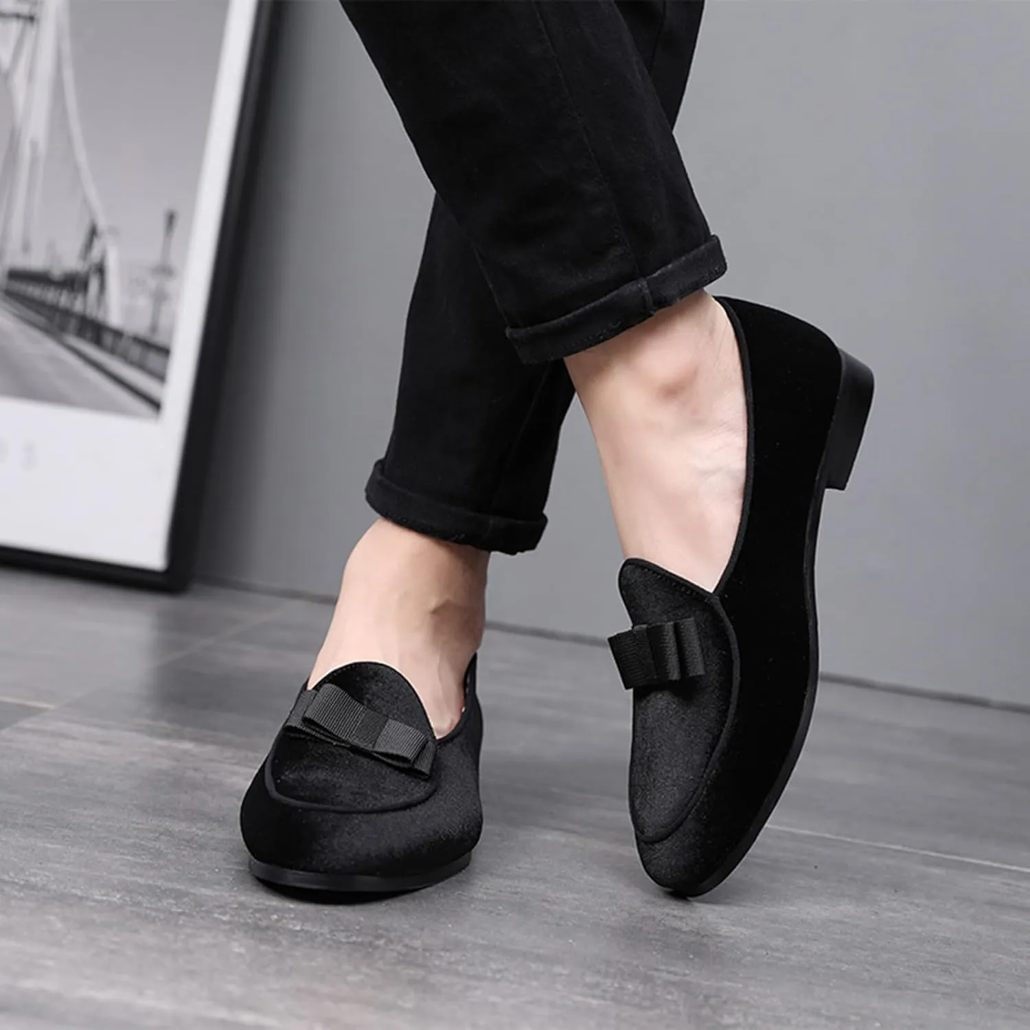 ByErz Mens Loafers Casual Slip on Formal Dress Shoes Banquet with Bowtie Penny Flats Smoking Slippers