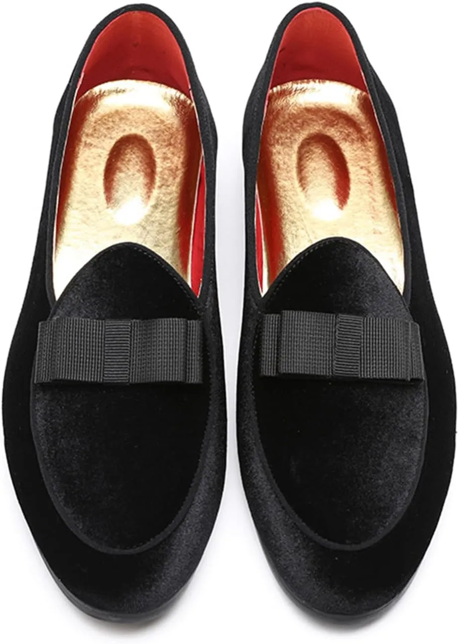 ByErz Mens Loafers Casual Slip on Formal Dress Shoes Banquet with Bowtie Penny Flats Smoking Slippers