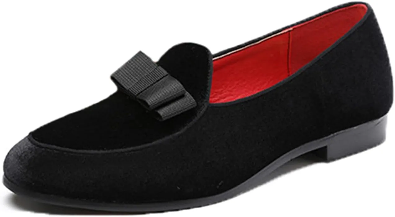 ByErz Mens Loafers Casual Slip on Formal Dress Shoes Banquet with Bowtie Penny Flats Smoking Slippers