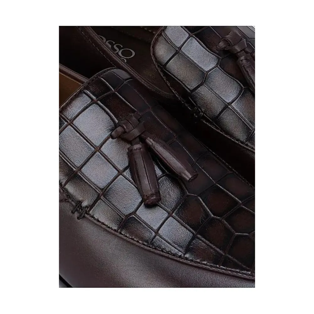 Coffee Croco Effect Loafers With Tassels