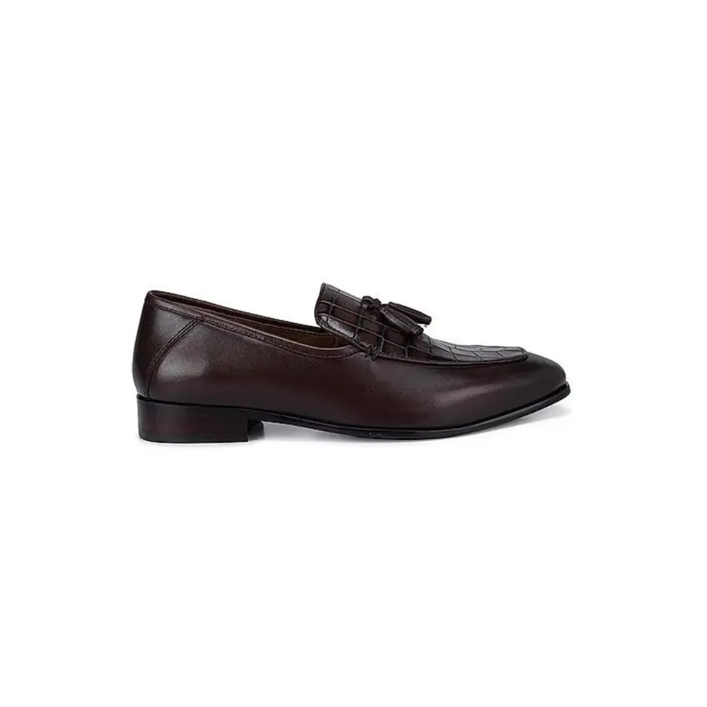 Coffee Croco Effect Loafers With Tassels