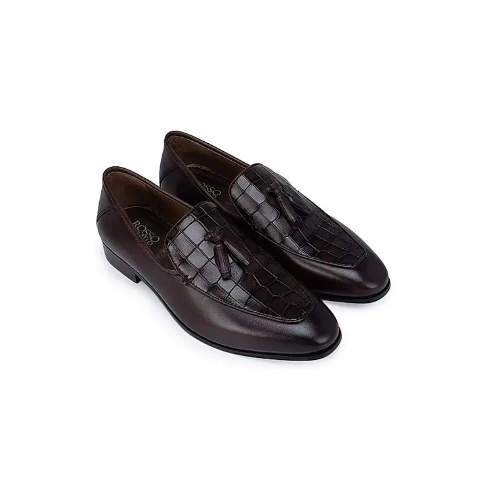 Coffee Croco Effect Loafers With Tassels