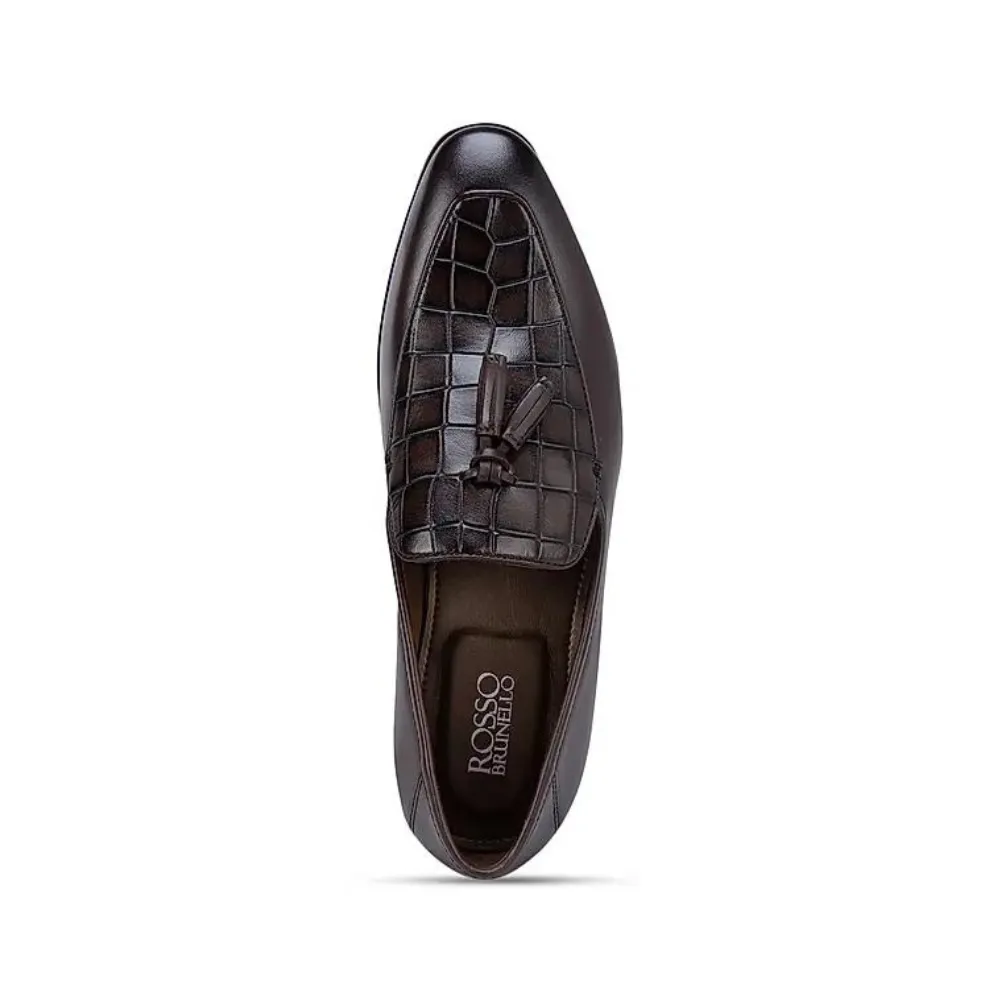 Coffee Croco Effect Loafers With Tassels