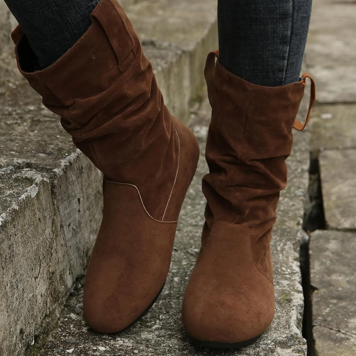 Combat Boots Womens Suede Flats Mid Calf Boots Pleated Thigh High Boots Pull On Winter Winter Warm Bootie