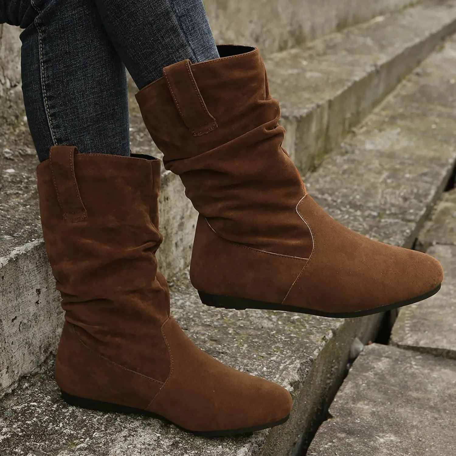Combat Boots Womens Suede Flats Mid Calf Boots Pleated Thigh High Boots Pull On Winter Winter Warm Bootie