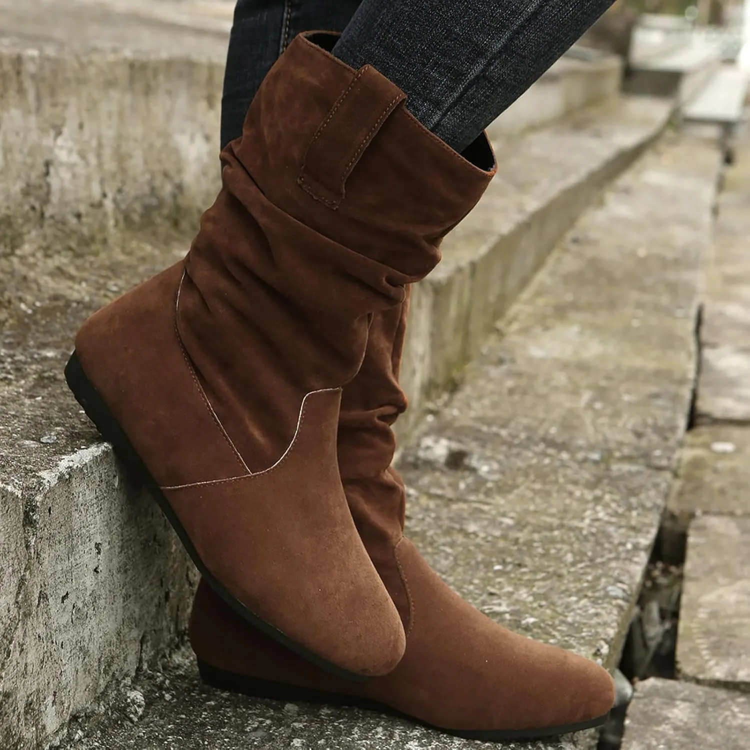 Combat Boots Womens Suede Flats Mid Calf Boots Pleated Thigh High Boots Pull On Winter Winter Warm Bootie