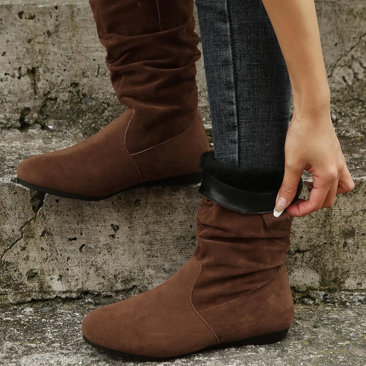Combat Boots Womens Suede Flats Mid Calf Boots Pleated Thigh High Boots Pull On Winter Winter Warm Bootie
