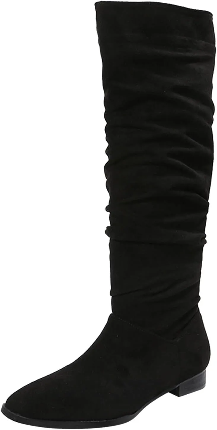 Cowboy Boots For Women Suede Pleated Thigh High Boots Pull On Knee High Boots Mid Calf Bootie Winter Boots