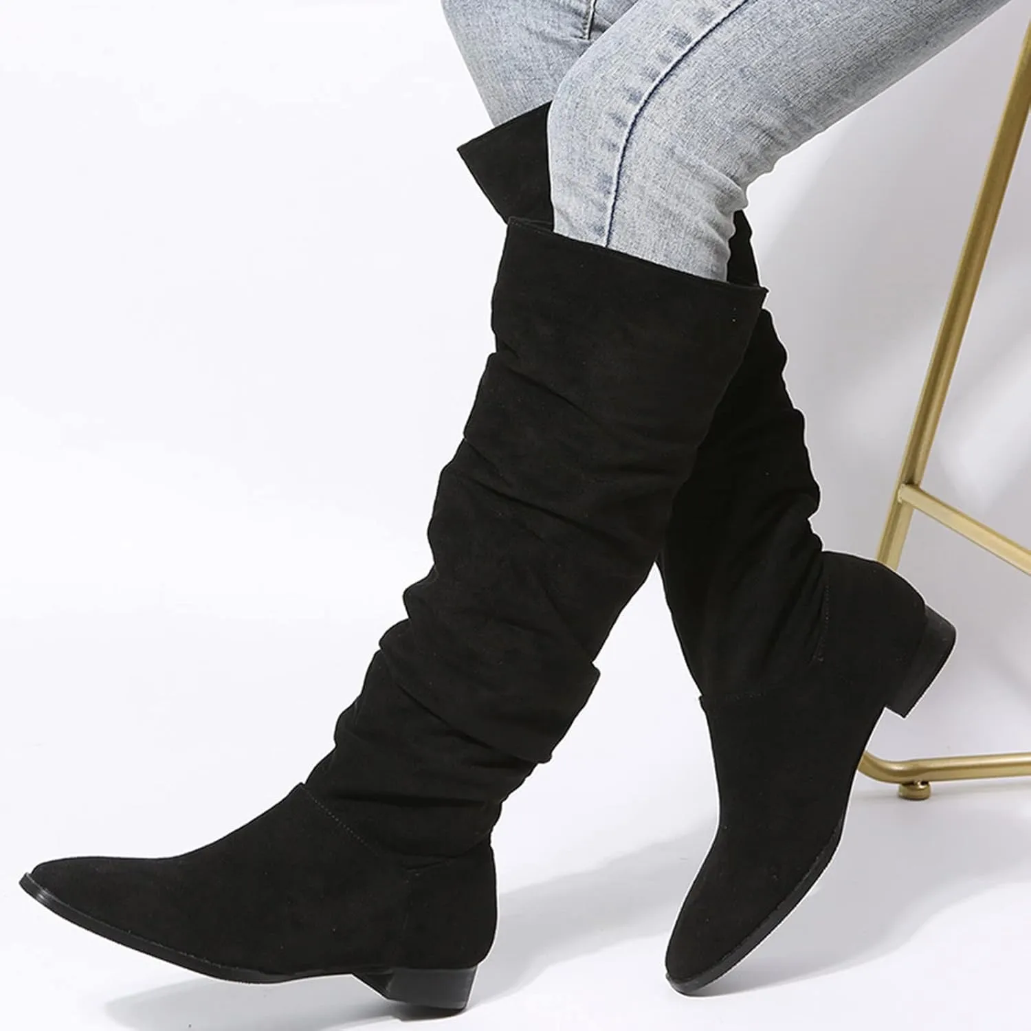 Cowboy Boots For Women Suede Pleated Thigh High Boots Pull On Knee High Boots Mid Calf Bootie Winter Boots