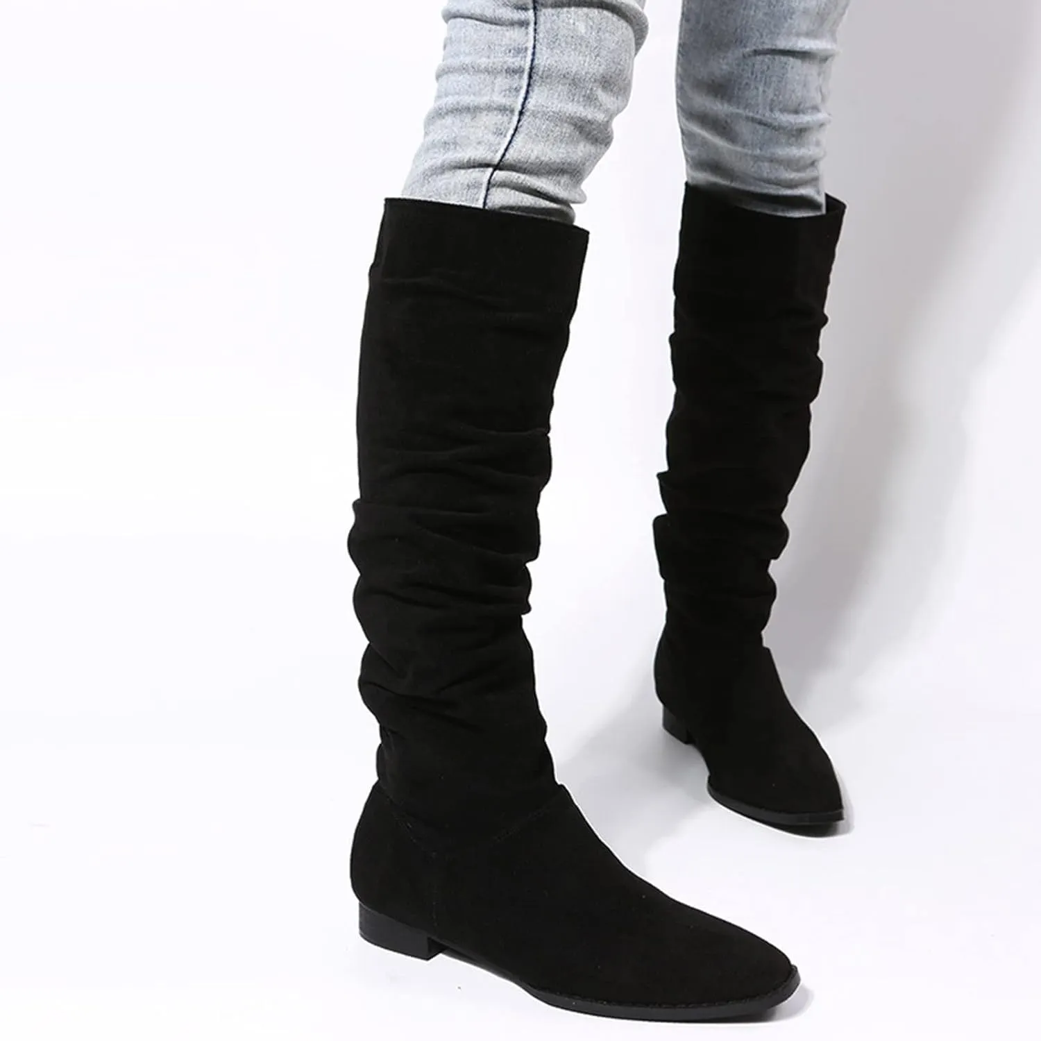 Cowboy Boots For Women Suede Pleated Thigh High Boots Pull On Knee High Boots Mid Calf Bootie Winter Boots