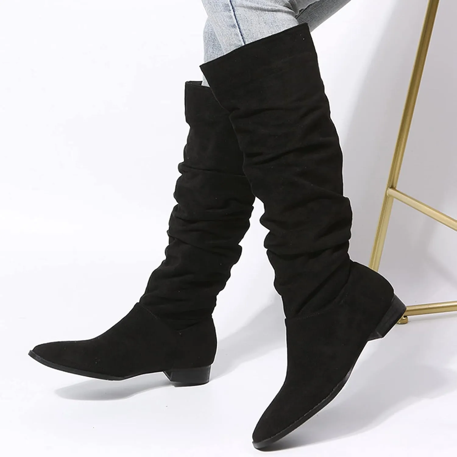 Cowboy Boots For Women Suede Pleated Thigh High Boots Pull On Knee High Boots Mid Calf Bootie Winter Boots