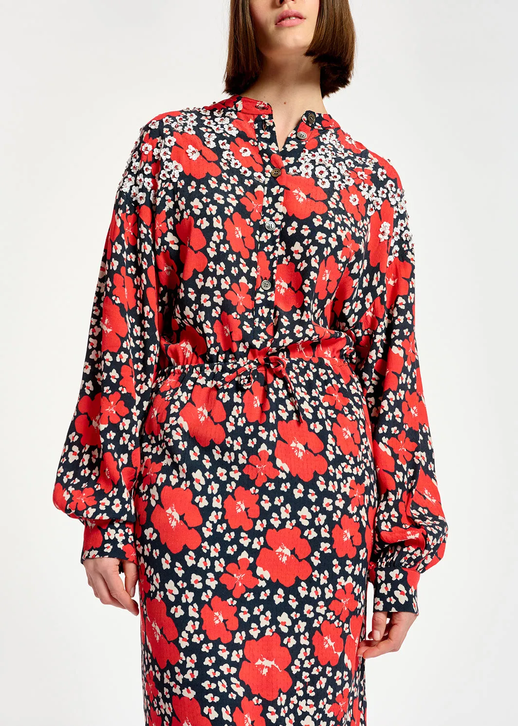 Dark blue, red and white floral-print midi dress