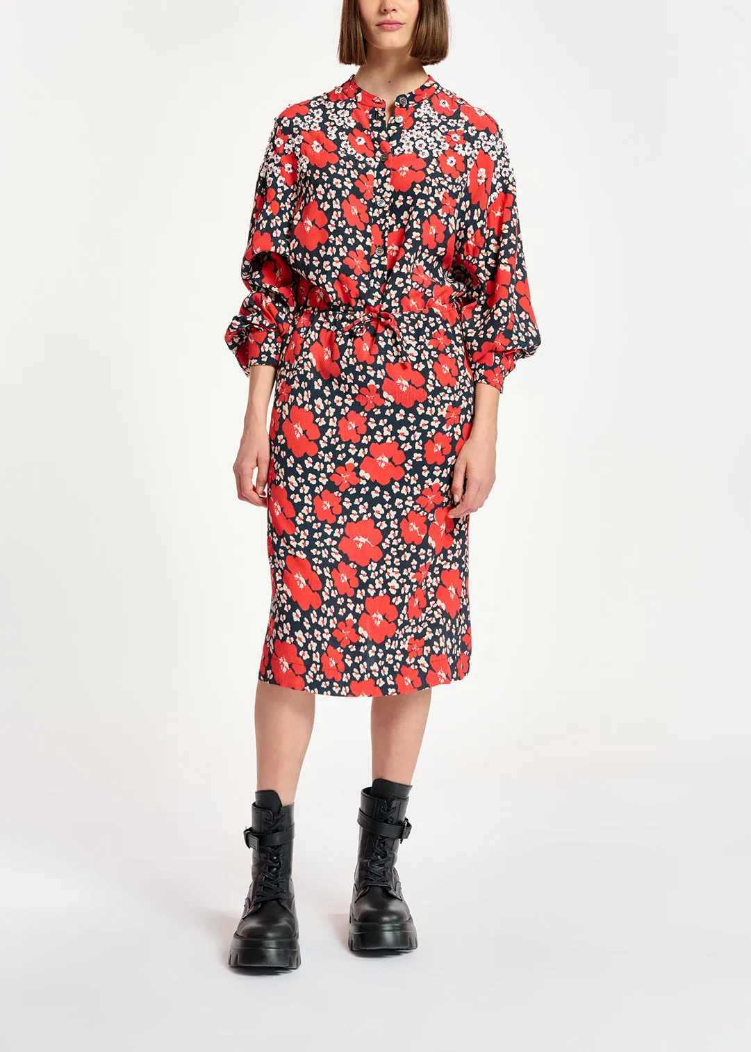 Dark blue, red and white floral-print midi dress