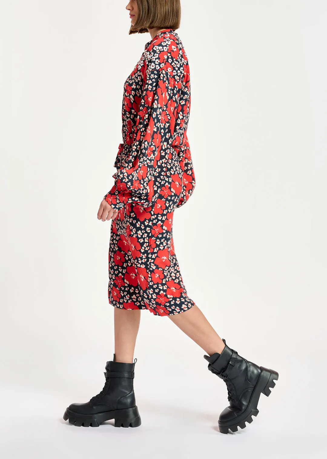 Dark blue, red and white floral-print midi dress