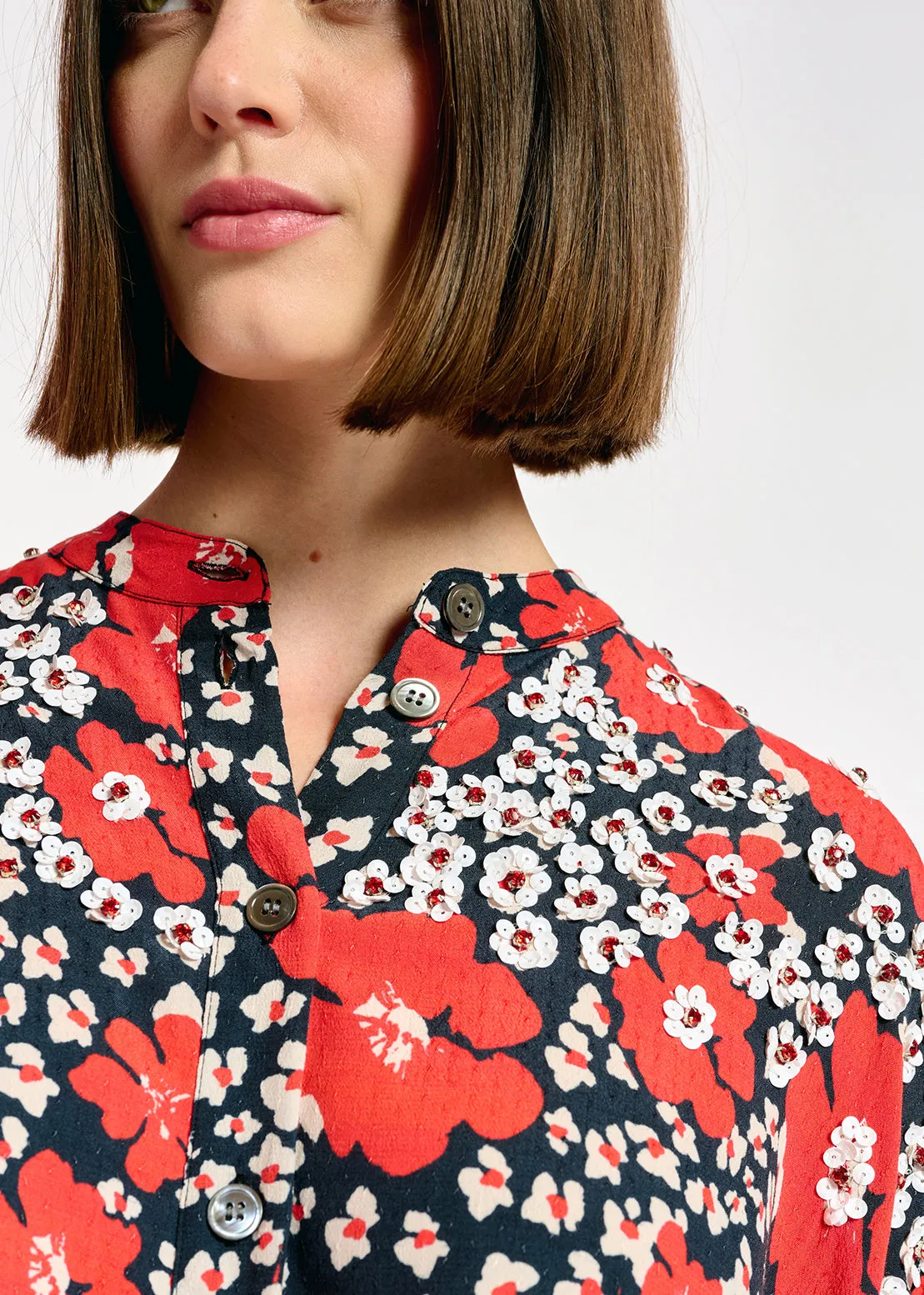 Dark blue, red and white floral-print midi dress