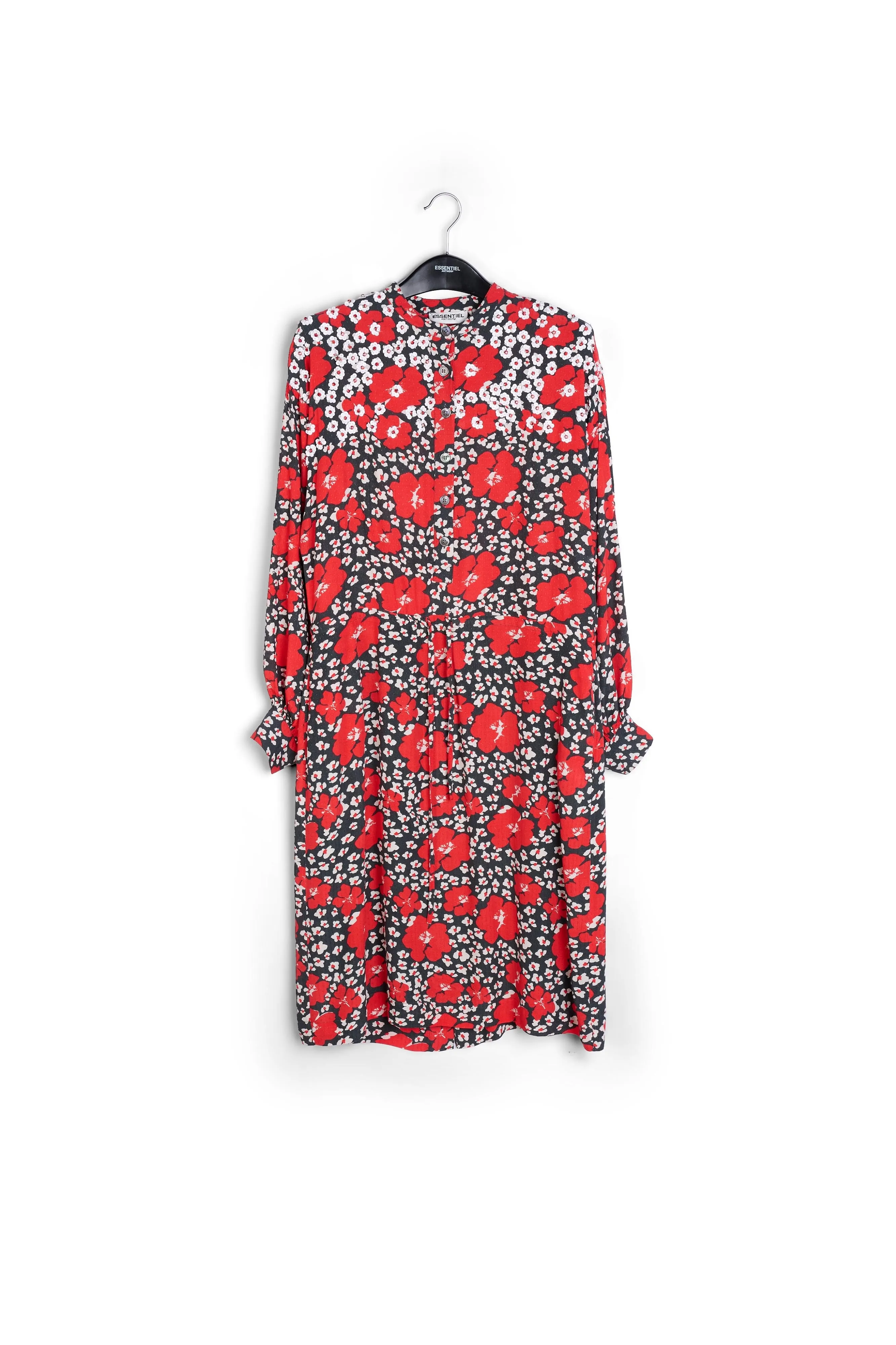 Dark blue, red and white floral-print midi dress