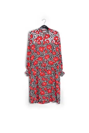 Dark blue, red and white floral-print midi dress