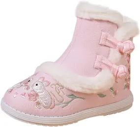 Girls Embroidery Print Ankle Boots Soft Sole Warm Winter Snow Boots Newborn Infant Cozy Plush Lined Boots Outdoor