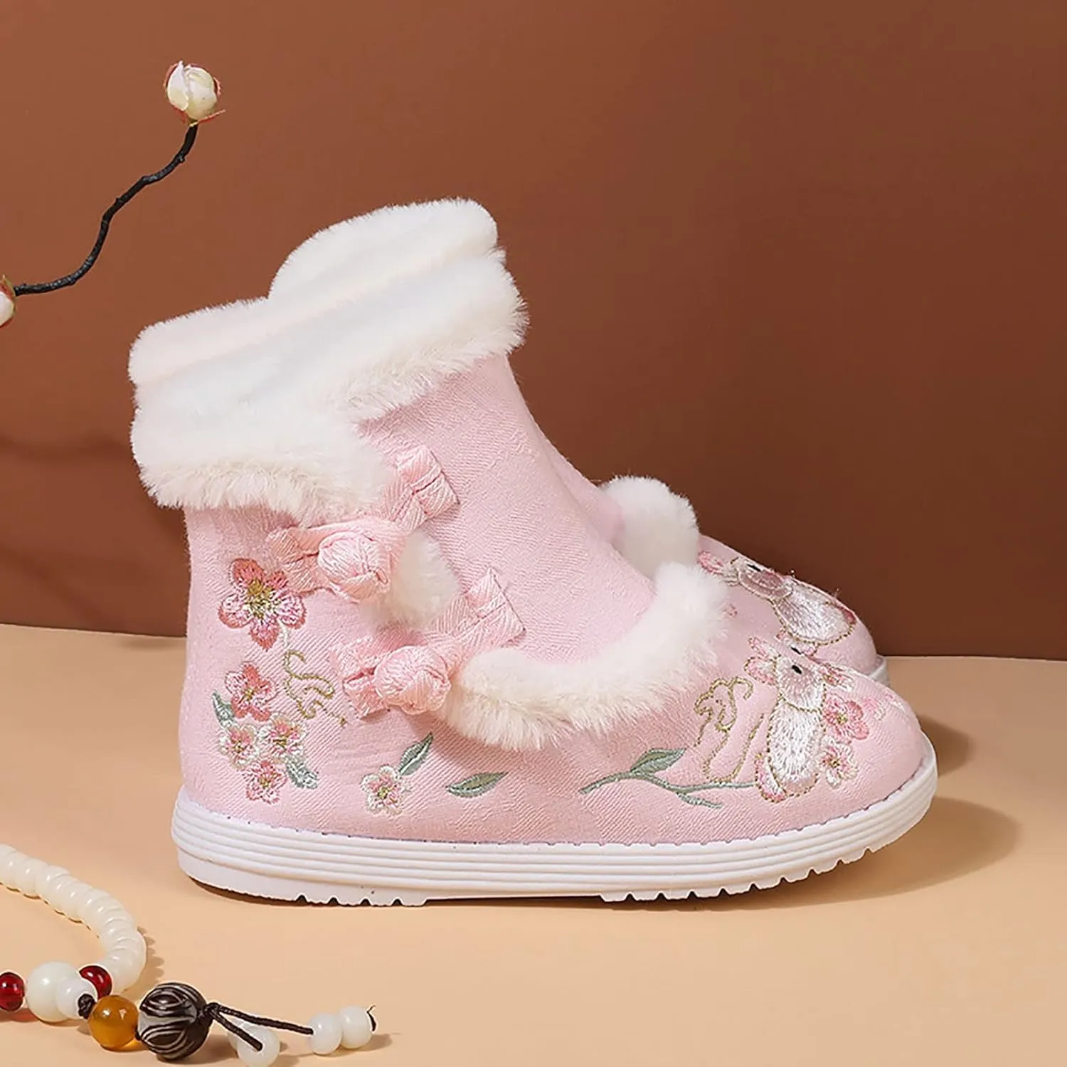 Girls Embroidery Print Ankle Boots Soft Sole Warm Winter Snow Boots Newborn Infant Cozy Plush Lined Boots Outdoor