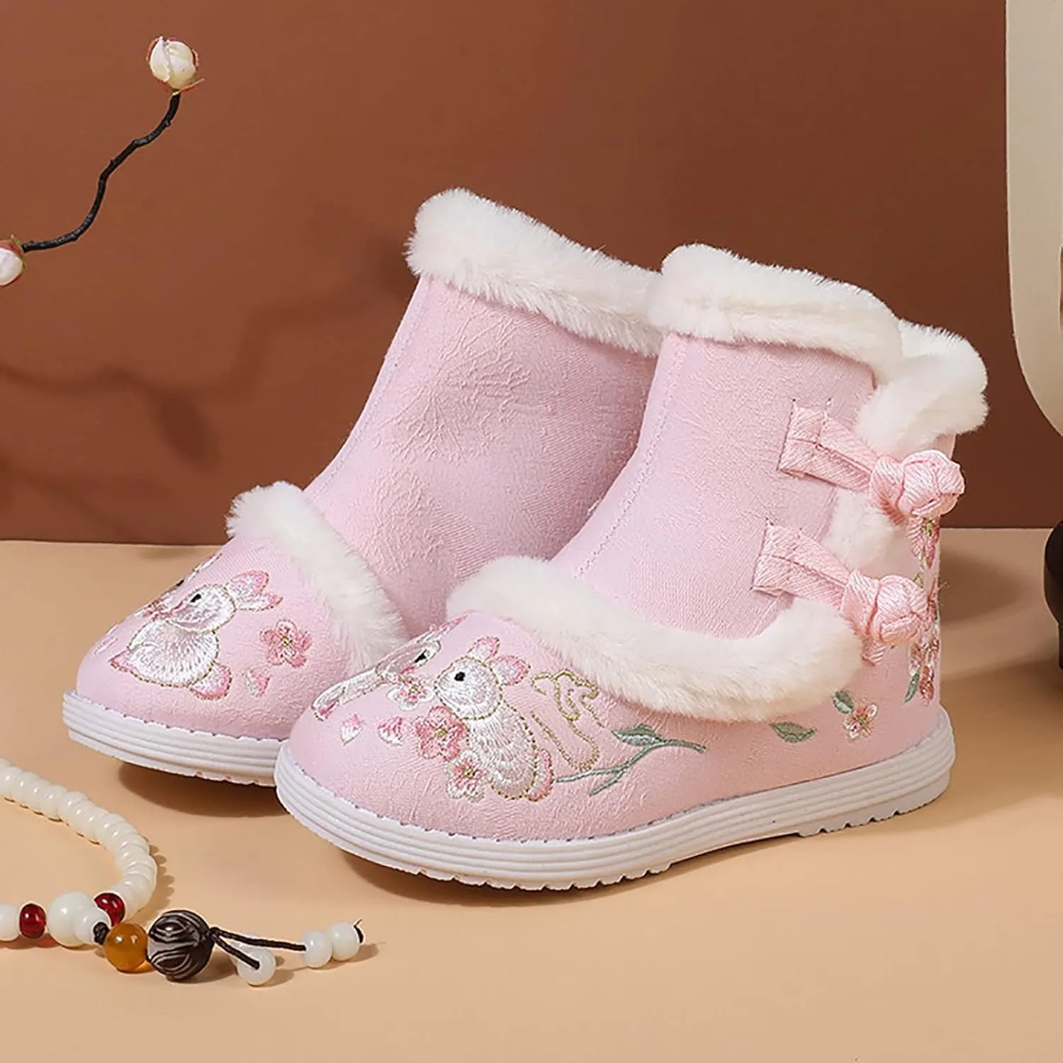 Girls Embroidery Print Ankle Boots Soft Sole Warm Winter Snow Boots Newborn Infant Cozy Plush Lined Boots Outdoor