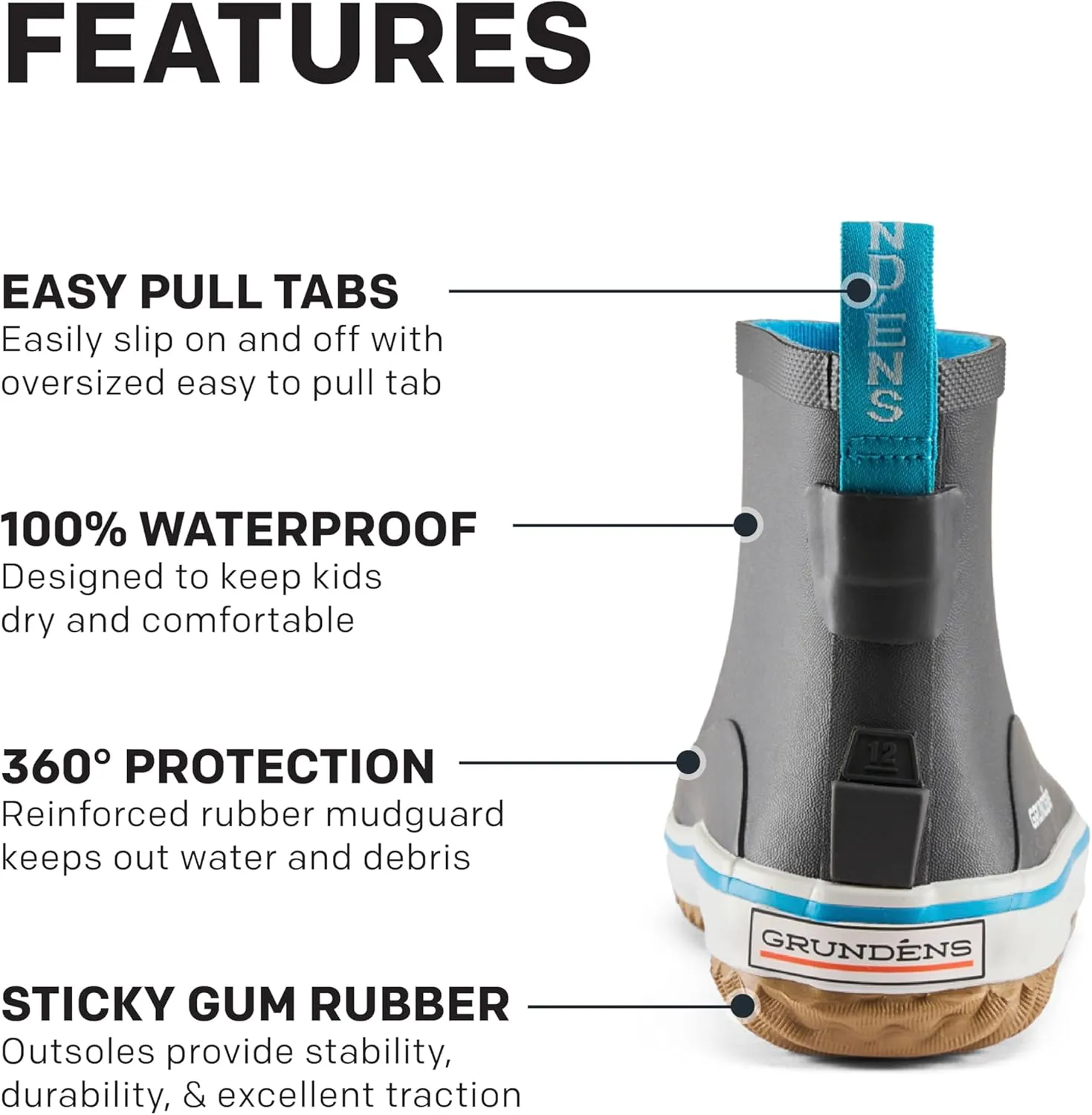 Grundéns Kid's Guppy Rain Boots - Lightweight Rubber Waterproof Kids and Toddlers Shoes, Easy-On Loop, Girls Rain Boots and Boys Rain Boots