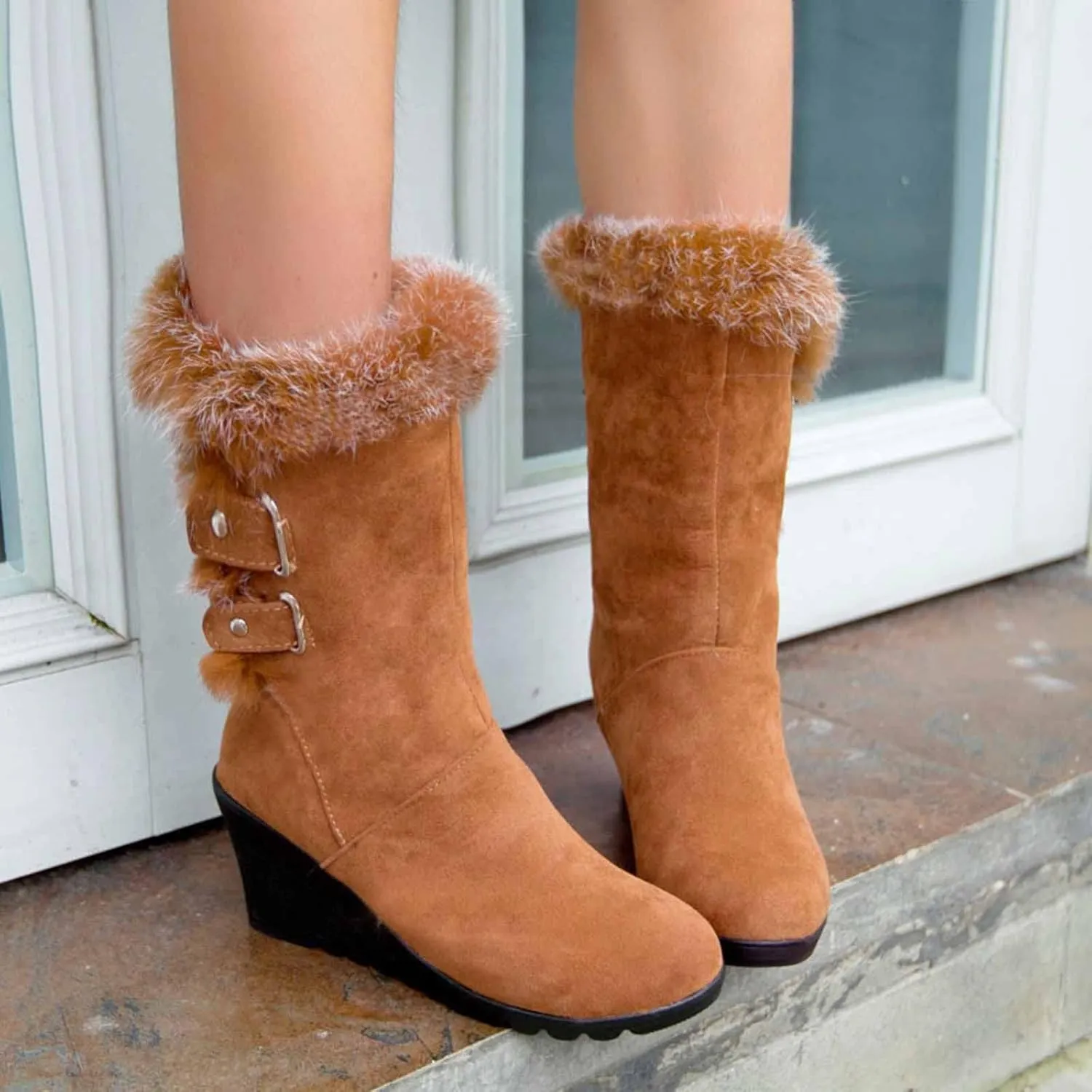 Hiking Boots Women Comfortable Velvet Wedge Boots Round Toe Suede Lug Sole Thigh High Boots Mid-Calf Boots