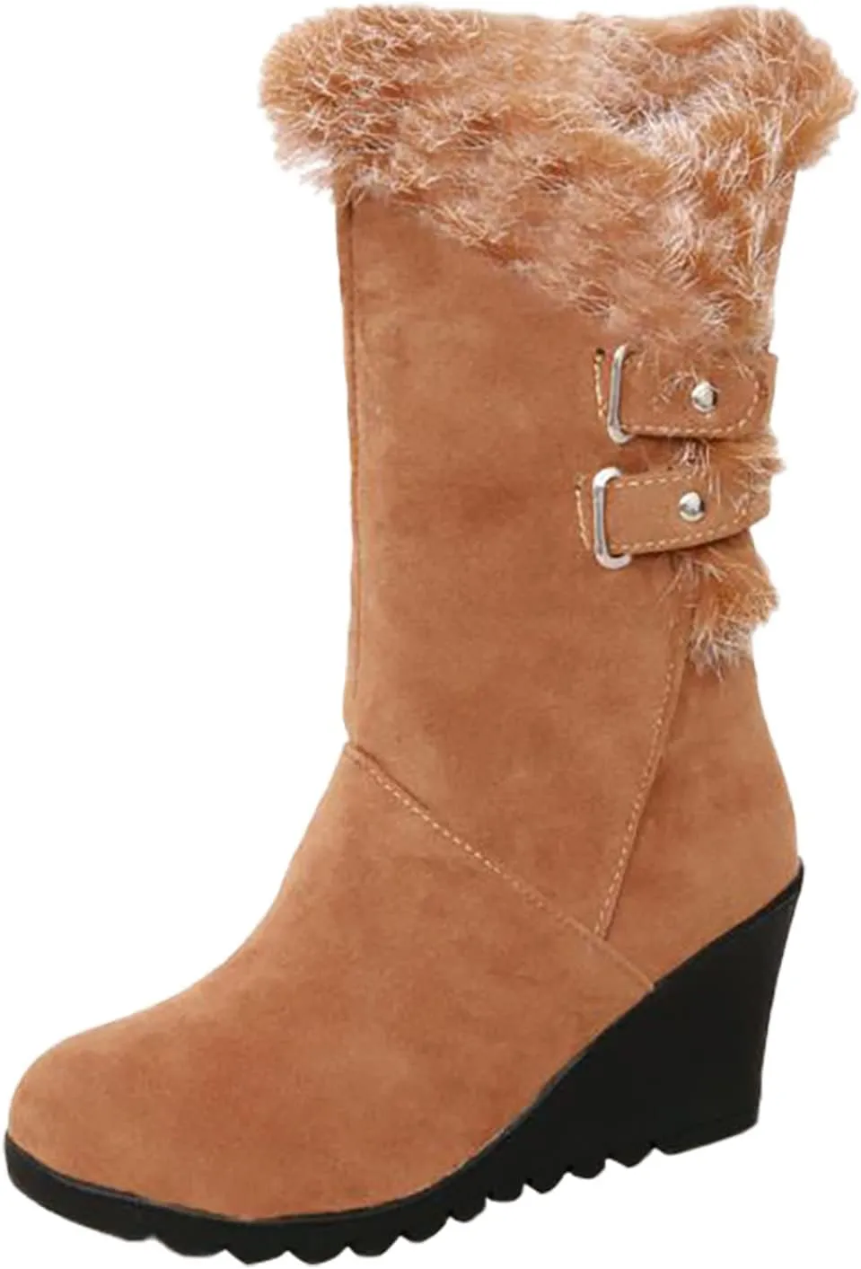 Hiking Boots Women Comfortable Velvet Wedge Boots Round Toe Suede Lug Sole Thigh High Boots Mid-Calf Boots
