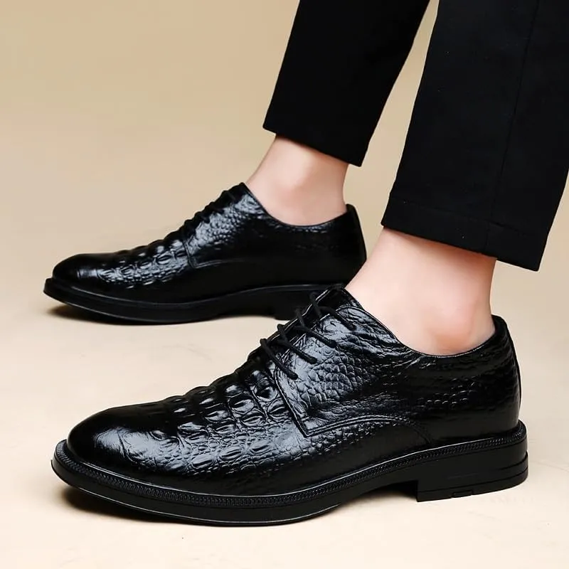 Mens Casual Dress Shoe Formal Dress Shoes for Men Lace Up Round Burnished Toe Crocodile Print Shoes Slip Resistant Anti-Slip Low Top Classic