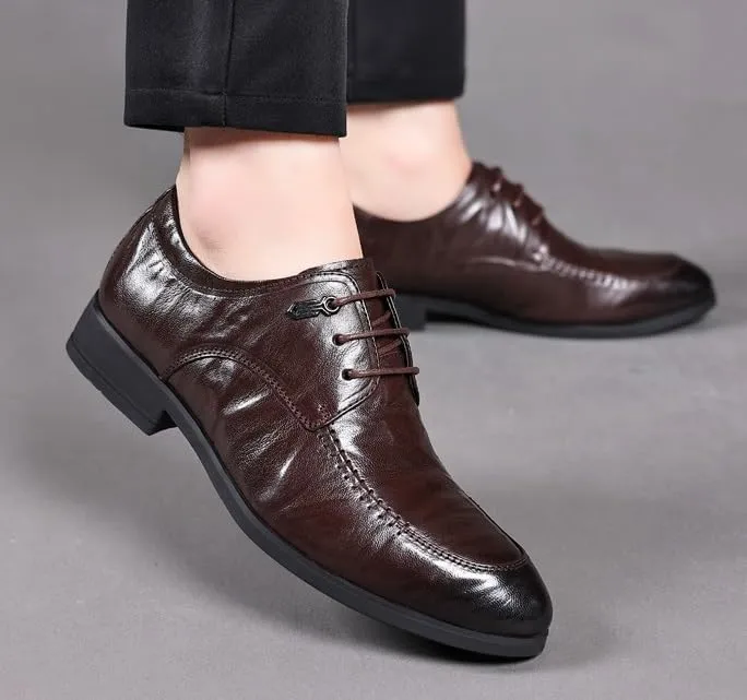 Men's Genuine Leather Oxford Shoes - Retro Pointed Toe Derby Shoes with Chunky Heel for Business and Formal Wear