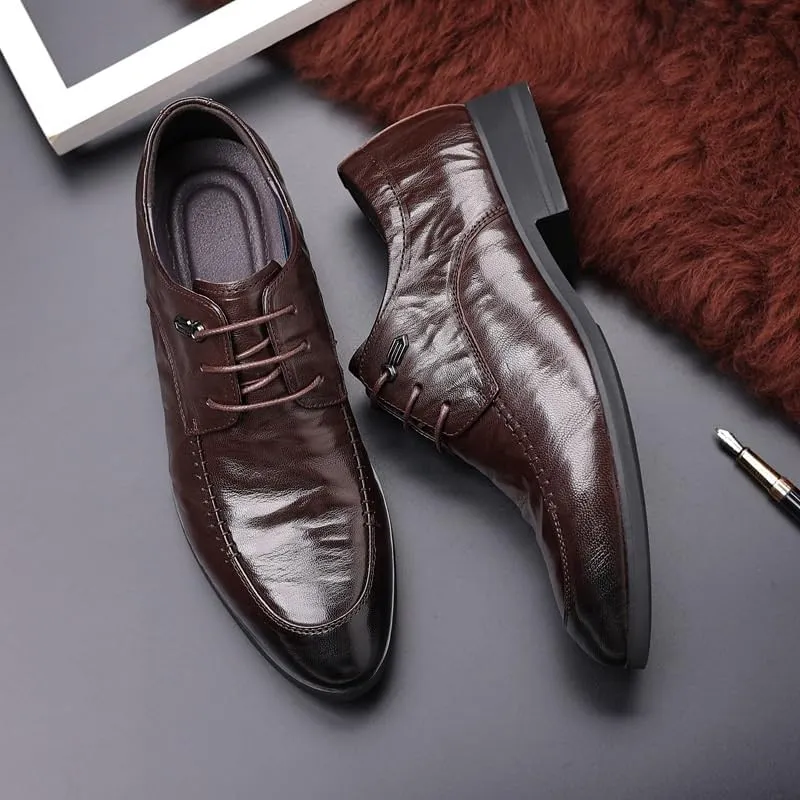 Men's Genuine Leather Oxford Shoes - Retro Pointed Toe Derby Shoes with Chunky Heel for Business and Formal Wear