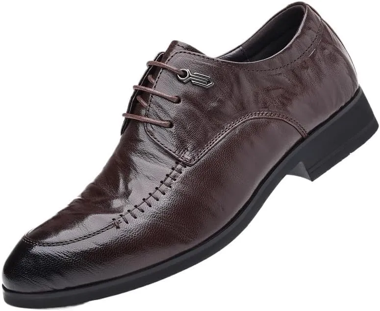 Men's Genuine Leather Oxford Shoes - Retro Pointed Toe Derby Shoes with Chunky Heel for Business and Formal Wear