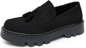 Men's Suede Tassel Platform Penny Loafers Retro Round Head Wide Toe Lug Sole Non-Slip Slip-On Formal Shoes Casual Business Loafers