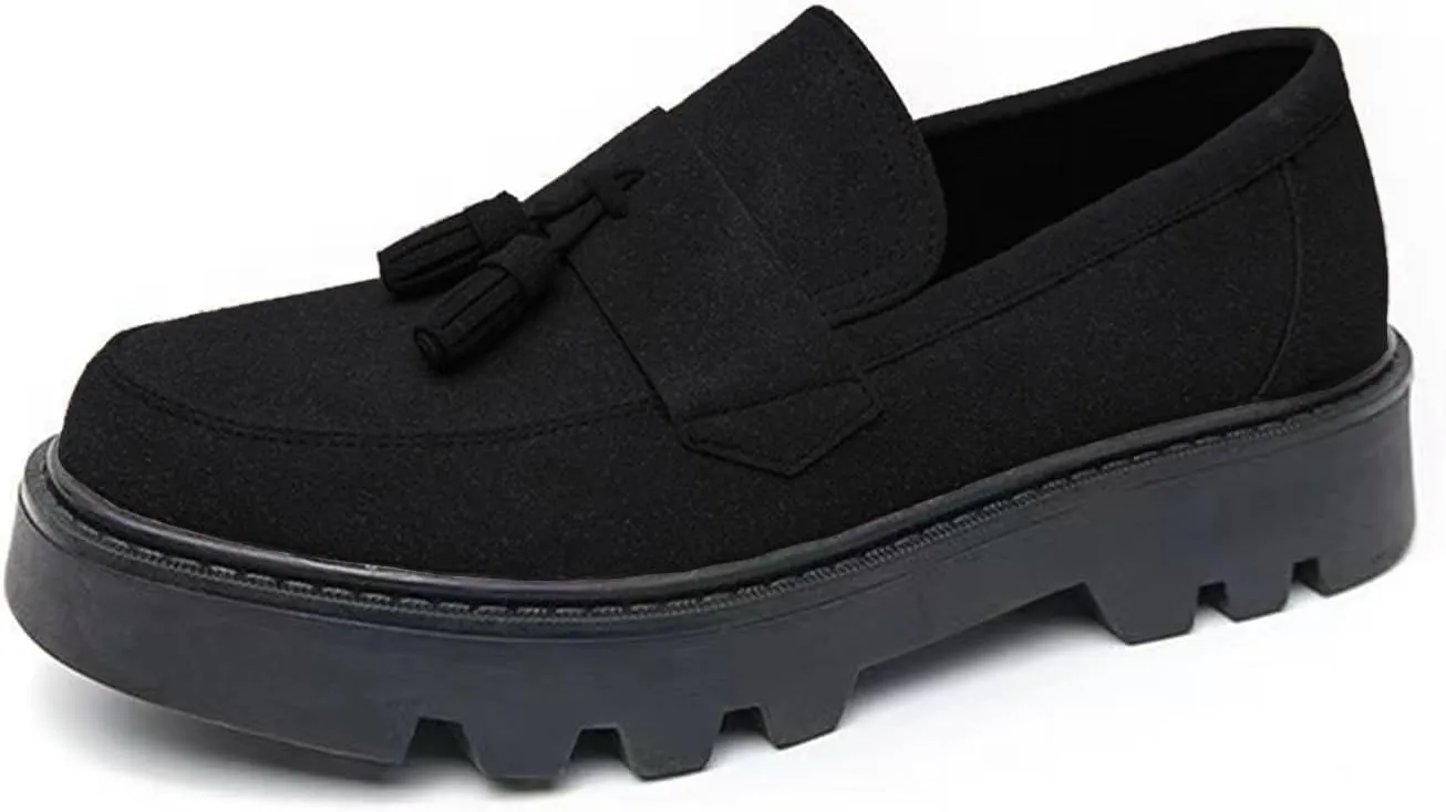Men's Suede Tassel Platform Penny Loafers Retro Round Head Wide Toe Lug Sole Non-Slip Slip-On Formal Shoes Casual Business Loafers