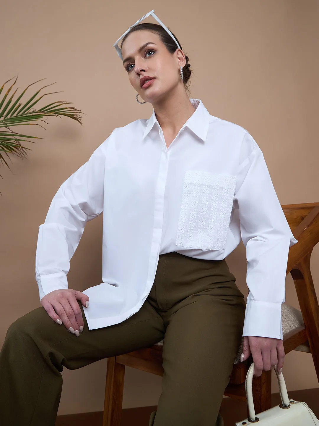 Noi Women White With Full Sleeves Oversized Shirt