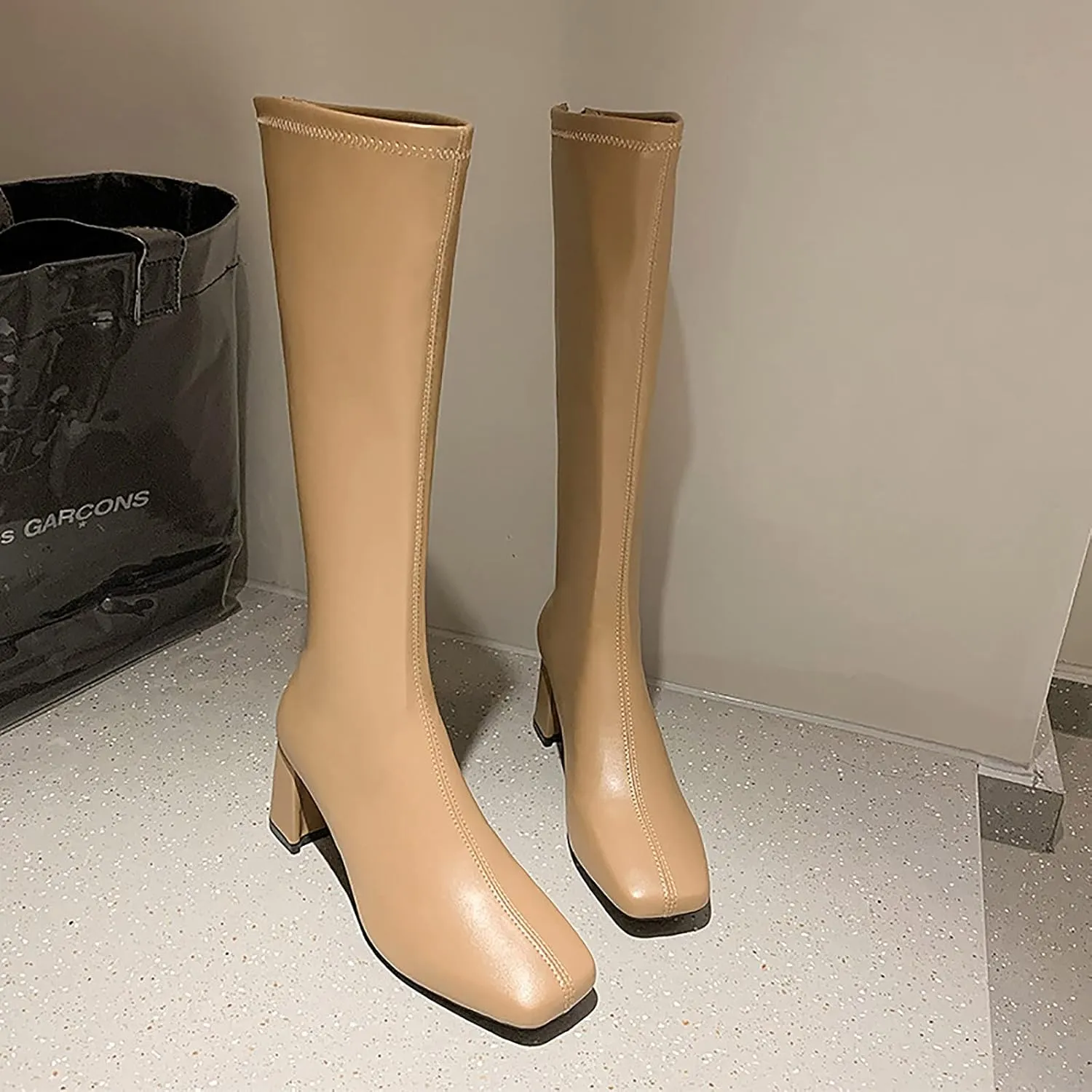 oiangi Square Toe Boots for Womens Fashion Solid Back Zipper Chunky High Heels Mid Calf Boots Winter Comfortable Casual Ladies Long Boots Work Shoes