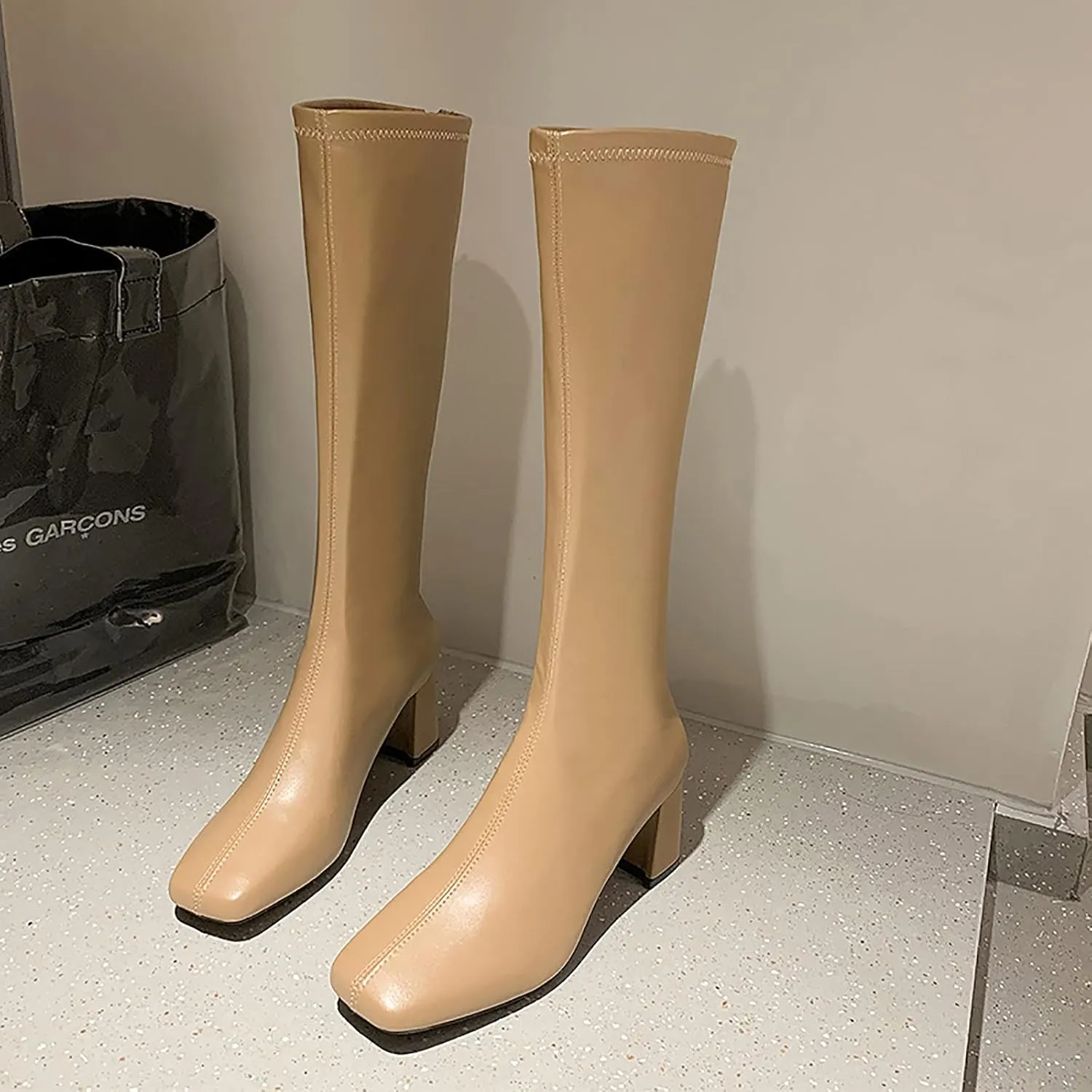 oiangi Square Toe Boots for Womens Fashion Solid Back Zipper Chunky High Heels Mid Calf Boots Winter Comfortable Casual Ladies Long Boots Work Shoes
