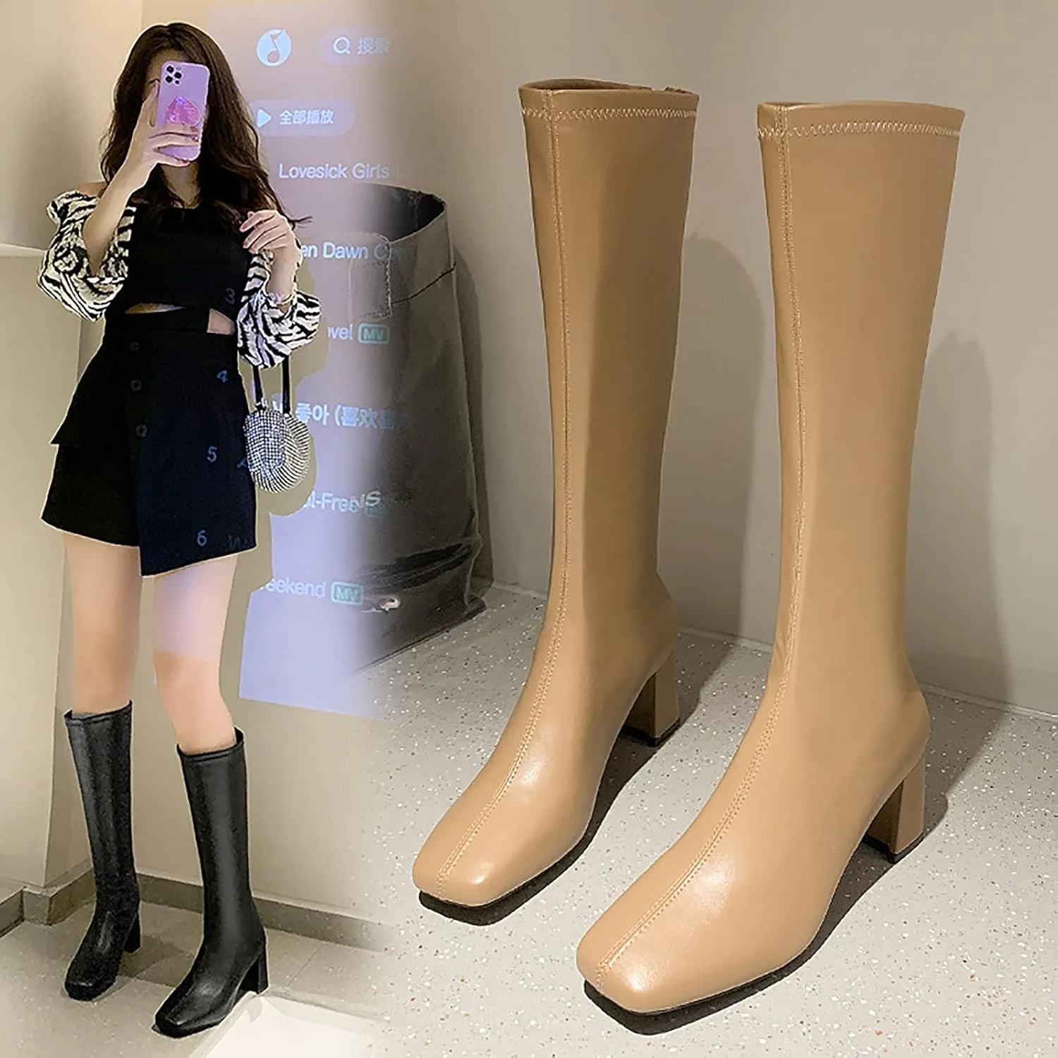 oiangi Square Toe Boots for Womens Fashion Solid Back Zipper Chunky High Heels Mid Calf Boots Winter Comfortable Casual Ladies Long Boots Work Shoes