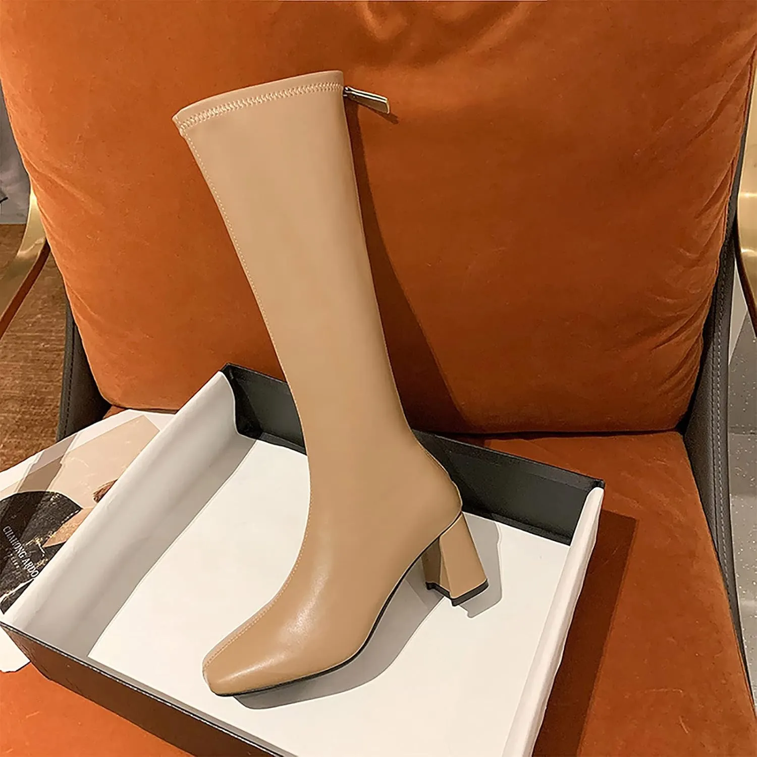oiangi Square Toe Boots for Womens Fashion Solid Back Zipper Chunky High Heels Mid Calf Boots Winter Comfortable Casual Ladies Long Boots Work Shoes