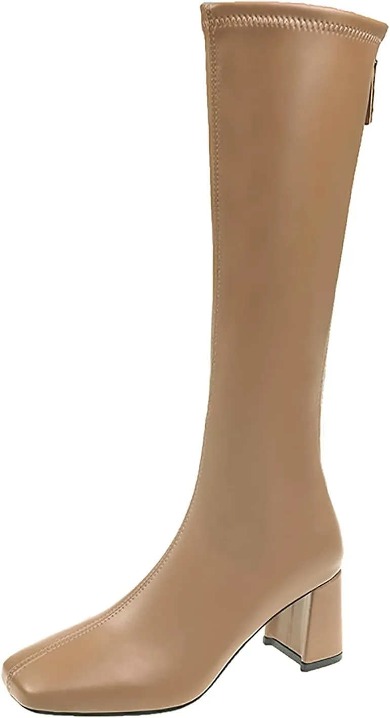 oiangi Square Toe Boots for Womens Fashion Solid Back Zipper Chunky High Heels Mid Calf Boots Winter Comfortable Casual Ladies Long Boots Work Shoes