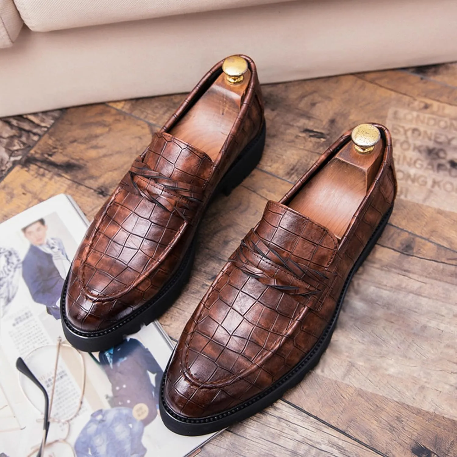 Optigard Men's Leather Platform Slip on Dress Shoes,Fashion Printed Casual Comfortable Business Formal Shoes