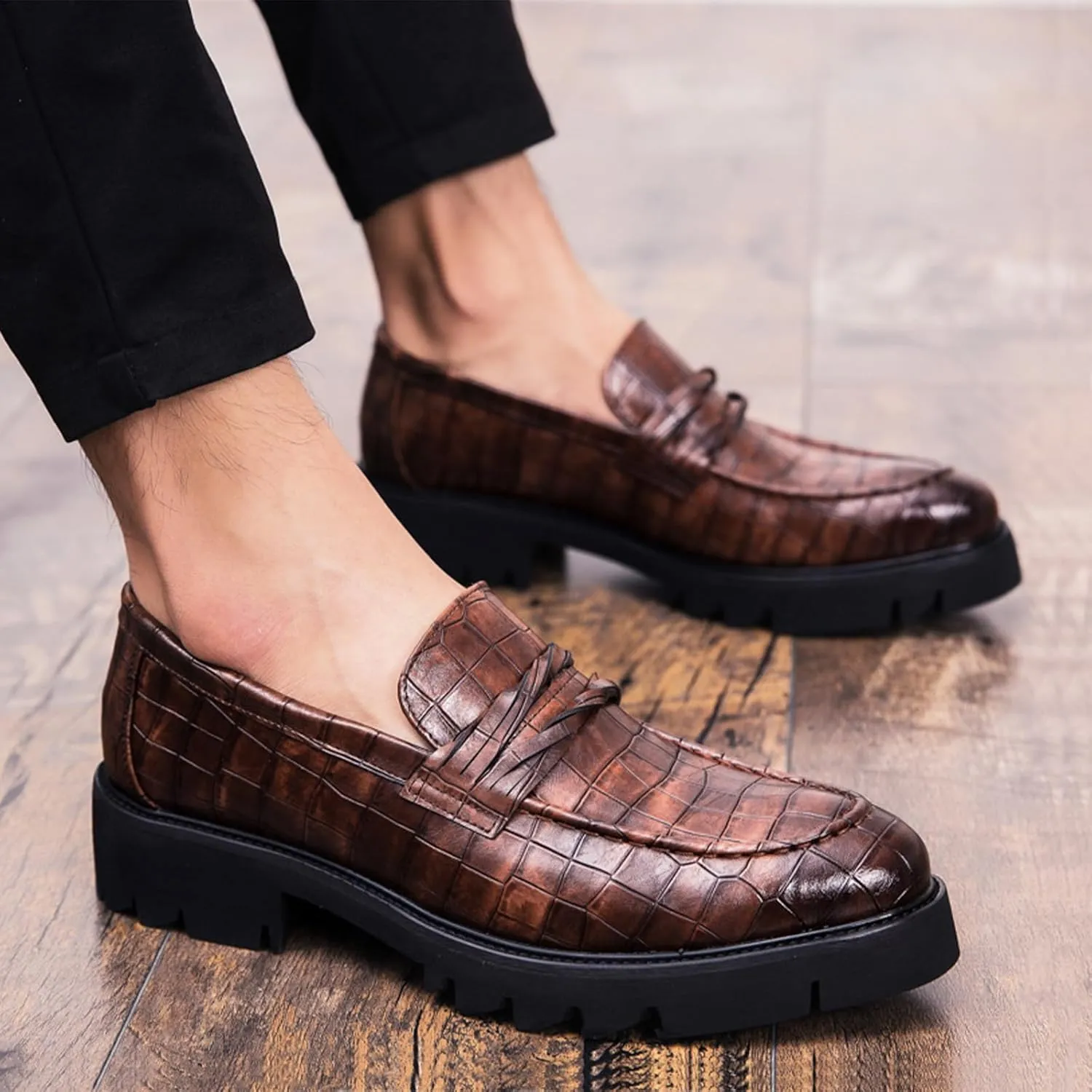 Optigard Men's Leather Platform Slip on Dress Shoes,Fashion Printed Casual Comfortable Business Formal Shoes