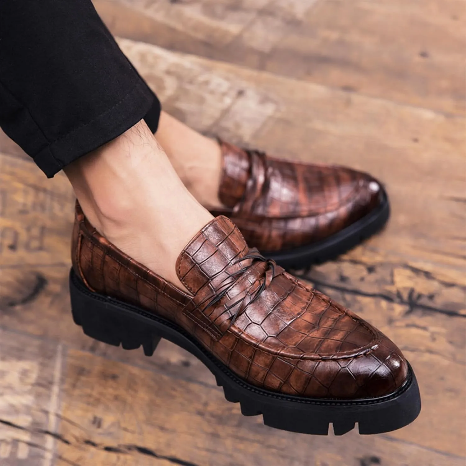 Optigard Men's Leather Platform Slip on Dress Shoes,Fashion Printed Casual Comfortable Business Formal Shoes