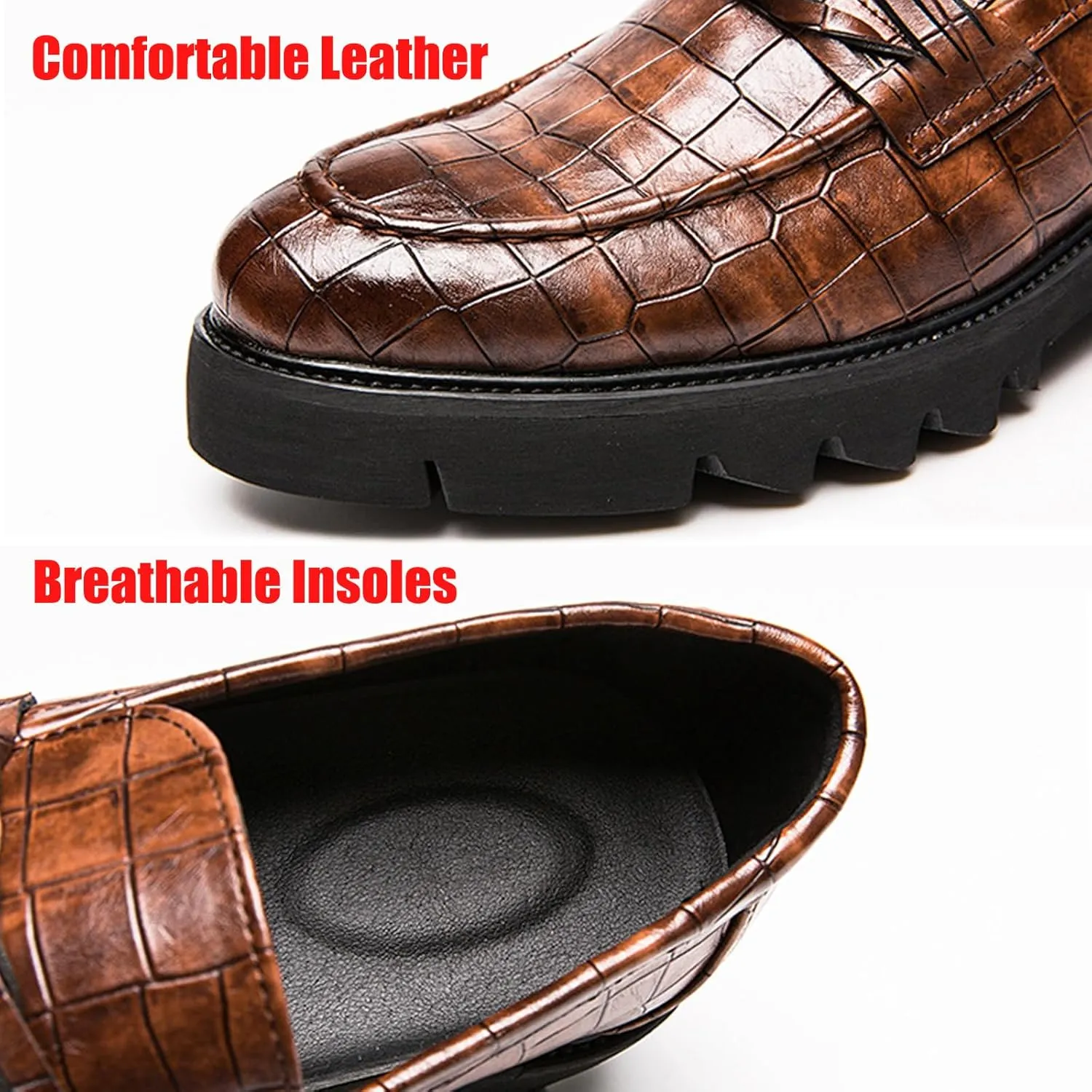 Optigard Men's Leather Platform Slip on Dress Shoes,Fashion Printed Casual Comfortable Business Formal Shoes