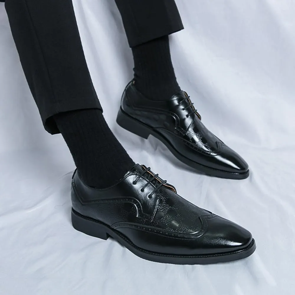 Santimon Men's Classic Leather Wingtip Dress Shoes with Checkered Details Lace-Up Brogues Oxfords for Business, Weddings & Formal Events